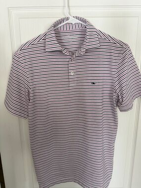 Vineyard Vines Pink and Navy Thin-Stripe Polo